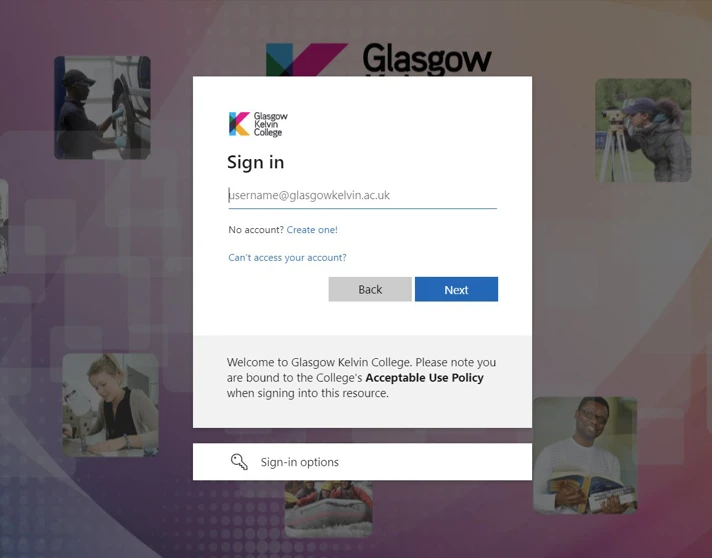 Glasgow Kelvin College login screen prompting users to sign in with their college email address, with background images of students and college activities. Glasgow Kelvin College login screen prompting users to sign in with their college email address, with background images of students and college activities.